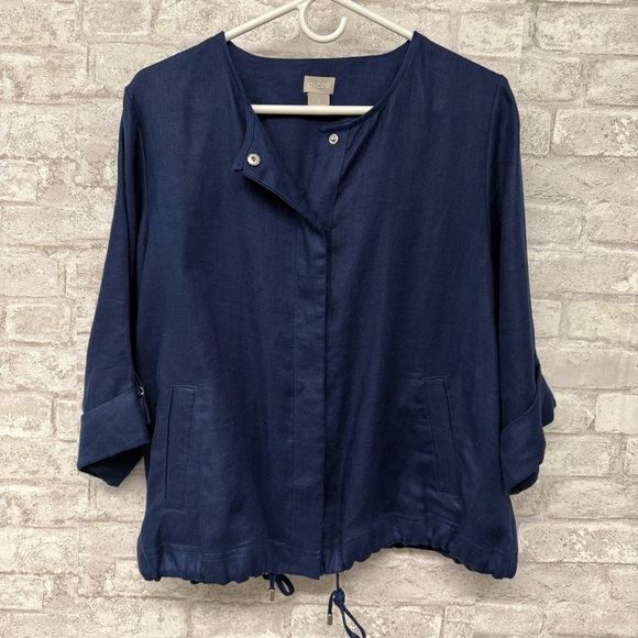 Chico’s Linen Jacket Women’s Large Navy Drawstring Waist - Picture 1 of 7